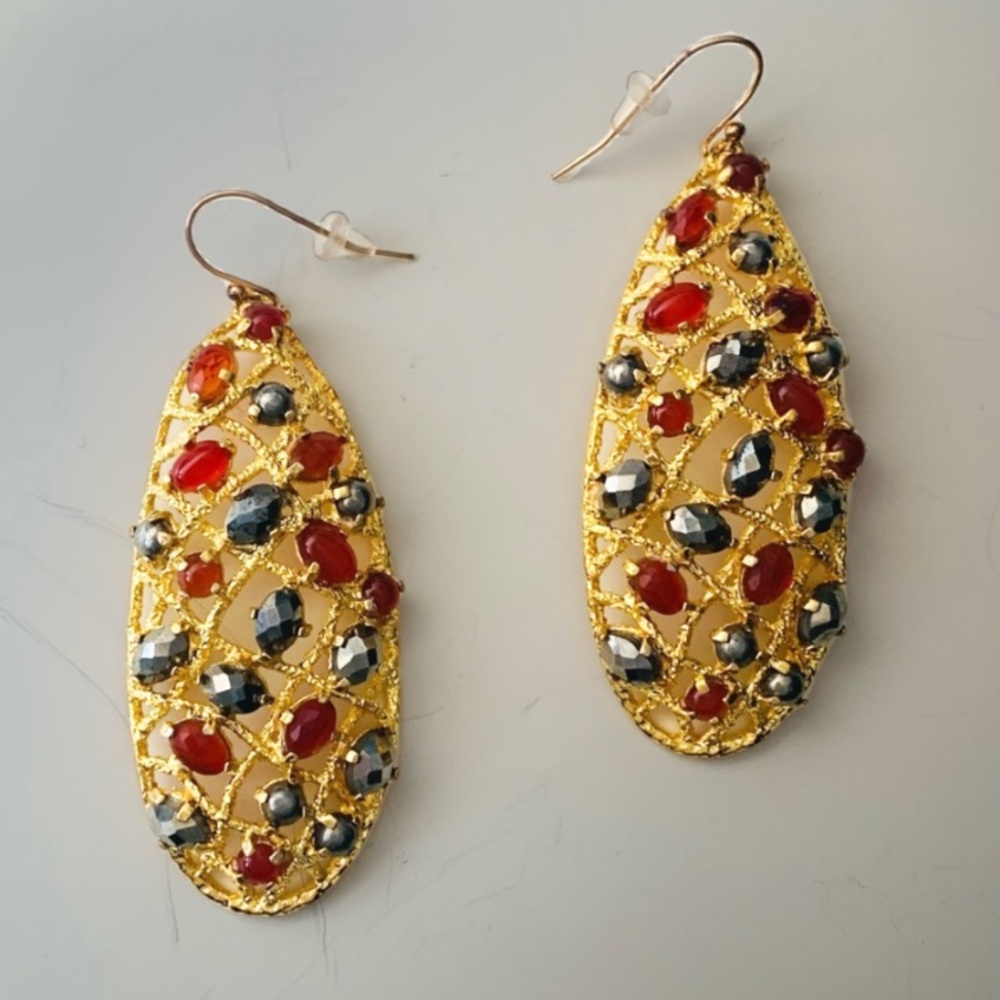 ALEXIS BITTAR• Miss Havisham Siyabona Red Orange Gemstone Gold Lattice Earrings
